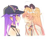  absurdres animal_ears bear_ears bell black_hat blonde_hair blush bow bowtie closed_eyes commentary cropped_torso ear_piercing english_commentary facing_another fake_animal_ears fake_horns gradient_hair green_eyes hat highres hololive horned_headwear horns incoming_kiss jacket jingle_bell kissing_barrier_(meme) legzy long_hair low_twintails meme momosuzu_nene momosuzu_nene_(1st_costume) multicolored_bow multicolored_bowtie multicolored_hair neck_bell nervous_sweating peach_ornament peaked_cap piercing pink_hair sidelocks simple_background sweat tokoyami_towa tokoyami_towa_(1st_costume) twintails two_side_up virtual_youtuber white_background white_jacket yuri 