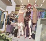  3girls :3 absurdres alternate_costume ankle_strap arm_around_waist bag belly black_bag black_dress black_ribbon black_shoes black_shorts blue_pupils blush breasts brown_bag brown_hairband cellphone cleavage clothes_hanger clothes_rack clothes_shop commentary commission crop_top dress earrings english_commentary eyewear_on_head firefly_(honkai:_star_rail) grey_hair hair_between_eyes hair_intakes hair_ornament hair_ribbon hairband handbag highres holding holding_phone holding_unworn_clothes holding_unworn_dress honkai:_star_rail honkai_(series) hoop_earrings jewelry kafka_(honkai:_star_rail) kneehighs large_breasts multicolored_eyes multiple_girls nannachu7 off-shoulder_dress off_shoulder open_mouth orange_dress phone purple_eyes purple_hair ribbon shoes shopping shopping_bag shorts single_earring sitting sleeveless sleeveless_dress smartphone smile socks standing stelle_(honkai:_star_rail) sunglasses tile_floor tiles trailblazer_(honkai:_star_rail) turtleneck turtleneck_dress two-tone_eyes unworn_dress yellow_eyes 
