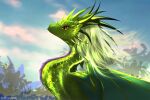  2022 amber_eyes day detailed_background digital_media_(artwork) dragon eyebrows eyelashes female feral green_body green_hair green_scales hair hi_res horn membrane_(anatomy) membranous_wings outside scales sky smile solo telleryspyro wings 