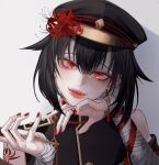  1boy androgynous bandaged_arm bandages black_hair black_jacket chinese_commentary commentary_request double-parted_bangs earrings fangs flower hair_flaps hat hat_flower head_on_head head_rest head_tilt highres holding indie_virtual_youtuber jacket jewelry looking_at_viewer male_focus nail_polish parted_lips peaked_cap portrait red_eyes red_flower red_nails red_ribbon ribbon ring shinoshima_raise short_hair shoulder_boards shoulder_tattoo simple_background single_bare_shoulder single_earring smile solo spider_lily tassel tassel_earrings tattoo virtual_youtuber white_background wrist_ribbon yaesakura908 