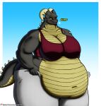  2018 absurd_res anthro arm_tattoo belly belly_scales big_belly big_breasts blush bottomwear breasts breath clothing dark_grey_body deep_navel digital_media_(artwork) dragon english_text female hi_res horn huge_breasts if_hell_had_a_taste mars_fidchell multicolored_body multicolored_scales musclegut muscular muscular_anthro muscular_female navel non-mammal_breasts obese obese_anthro obese_female overweight overweight_anthro overweight_female panting scales solo tattoo text topwear two_tone_body two_tone_scales viroveteruscy yellow_body yellow_scales 
