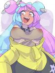  1girl absurdres aqua_hair bare_shoulders black_jacket blush bow-shaped_hair breasts character_hair_ornament collarbone commentary covered_nipples double_bun fake_hair_bun full-face_blush gluten000000 grabbing_own_breast grey_shirt hair_bun hair_ornament highres iono_(pokemon) jacket jacket_partially_removed large_breasts long_hair long_sleeves looking_to_the_side multicolored_eyes multicolored_hair multicolored_jacket open_mouth pink_eyes pink_hair pokemon pokemon_sv see-through_clothes see-through_shirt sharp_teeth shirt sleeveless sleeveless_shirt smile solo split-color_hair star_(symbol) star_print sweat teeth tongue tongue_out two-tone_eyes two-tone_hair two-tone_jacket upper_teeth_only white_background yellow_eyes yellow_jacket 