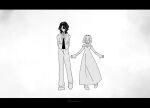  1boy 1girl alternate_costume arms_at_sides arms_behind_back bow bowtie brooch closed_eyes closed_mouth collared_shirt couple cross-shaped_pupils dress dress_shirt eyelashes facing_viewer formal_clothes genshin_impact gloves greyscale hair_over_one_eye height_difference hetero high_heels highres jacket jewelry lapels long_sleeves looking_at_viewer monochrome off-shoulder_dress off_shoulder open_clothes open_hands open_jacket open_mouth pants rerir_(genshin_impact) shirt shoes short_hair smile straight-on suit_jacket symbol-shaped_pupils tholindis_(genshin_impact) umabinia undershirt vest white_background 