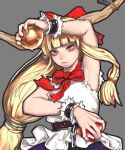  1girl arm_up blonde_hair blunt_bangs bow bowtie brown_eyes brown_horns chain cuffs envenomist_(gengoroumaru) grey_background hair_bow holding holding_orb horn_ornament horns ibuki_suika long_hair low-tied_long_hair oni orb pointy_ears pyramid_(geometry) red_bow shackles shirt sidelocks simple_background sleeveless sleeveless_shirt touhou very_long_hair wrist_cuffs 