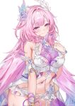  1girl alternate_costume armlet bare_shoulders blue_hair blush breasts cleavage closed_mouth commentary cyrene_(honkai:_star_rail) cyrene_(ripples_of_past_reverie)_(honkai:_star_rail) fingernails flower gradient_hair hair_flower hair_intakes hair_ornament hand_up highres honkai:_star_rail honkai_(series) jewelry large_breasts long_hair machi_(machi0910) multicolored_hair nail_polish navel paid_reward_available pink_hair pink_nails pointy_ears purple_eyes purple_flower purple_rose ring rose sidelocks simple_background smile solo stomach swimsuit thighs twitter_username very_long_hair white_background 