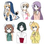  6+boys :d antenna_hair baka_to_test_to_shoukanjuu bare_arms bare_shoulders black_gloves black_hair blonde_hair blue_eyes boku_no_pico braid bridget_(guilty_gear) brown_hair bun_cover crossdressing crossdressing_(mtf) double_bun fingerless_gloves gloves gosari_draw green_eyes guilty_gear hair_bun hair_ornament hairclip haiyore!_nyaruko-san happiness! hastur_(nyaruko-san) highres hood hood_down hoodie japanese_clothes kinoshita_hideyoshi long_hair looking_at_viewer male_focus miko multiple_boys nun open_mouth own_hands_clasped own_hands_together pico_(boku_no_pico) pink_eyes purple_eyes purple_hair science_adventure short_hair side_braid simple_background single_braid sleeveless smile steins;gate trap urushibara_luka watarase_jun white_background yellow_hoodie 