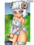 anthro blue_eyes bovid bucket caprine container curled_tail female field hi_res horn jen_tai621 looking_at_viewer mammal open_mouth sheep simple_background solo tail watermark