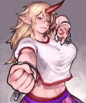  1girl arm_up artist_name blonde_hair breasts chain clenched_hand commentary_request cuffs dress envenomist_(gengoroumaru) highres horns hoshiguma_yuugi large_breasts midriff navel oni pointy_ears red_eyes red_nails shackles shirt short_sleeves single_horn solo touhou twitter_username white_shirt 