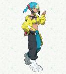  1girl aqua_hair artist_request black_mask blonde_hair breasts canari_(pokemon) dark-skinned_female dark_skin fake_hair_bun highres jacket long_sleeves looking_at_viewer mask mouth_mask multicolored_hair navel official_art pants pokemon pokemon_legends:_z-a short_twintails solo split-color_hair sports_bra twintails two-tone_hair two-tone_mask two-tone_pants yellow_jacket yellow_mask yellow_sports_bra 