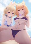  2girls :3 absurdres animal_ears bikini black_bikini blonde_hair blue_eyes blue_hair blunt_bangs breasts cat_ears colored_inner_hair facial_mark hand_on_another&#039;s_stomach hand_on_own_stomach highres indie_virtual_youtuber john_zerowb long_hair looking_at_viewer medium_breasts multicolored_hair multiple_girls navel purple_hair red_eyes shyrei_faolan sitting spread_legs striped_bikini striped_clothes swimsuit two-tone_hair whisker_markings yenko_(vtuber) 