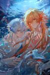  2boys absurdres antenna_hair arm_tattoo blonde_hair blue_eyes braid chest_tattoo chinese_commentary commentary_request facial_tattoo fins gradient_hair hand_on_another&#039;s_shoulder head_fins highres honkai:_star_rail honkai_(series) long_hair male_focus merman monster_boy multicolored_hair multiple_boys mydei_(honkai:_star_rail) parted_bangs phainon_(honkai:_star_rail) red_hair red_tattoo short_hair side_braid submerged tattoo topless_male white_hair yellow_eyes yuqiu777 