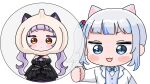  2girls :d animal_ear_fluff animal_ears black_dress black_sleeves blue_bow blue_eyes blue_hair blush_stickers bow brown_eyes cat_ears chibi closed_mouth collared_shirt cube_hair_ornament detached_sleeves dress garlic gawr_gura grey_hair groom hair_ornament highres hololive hololive_english jacket juliet_sleeves long_sleeves mochimiko multicolored_hair multiple_girls murasaki_shion murasaki_shion_(gothic_lolita) open_clothes open_jacket puffy_sleeves purple_vest shirt simple_background smile spoken_character streaked_hair thumbs_up twintails upper_body v-shaped_eyebrows vest virtual_youtuber white_background white_jacket white_shirt 