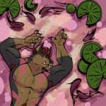 abs anthro armpit_hair barazoku black_body black_fur body_hair brown_body brown_fur canid canine canis chad_harman dobermann domestic_dog eyes_closed facial_hair fangs fish fur hi_res home_zomewhere_else hybrid iraelo lying male mammal marine markings mastiff molosser muscular muscular_anthro muscular_male nipples nude outside pecs pink_body pink_fur pinscher pubes rottweiler smile solo teeth water