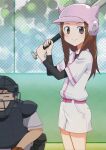  1girl absurdres baseball_bat baseball_helmet brown_eyes brown_hair fence helmet highres holding holding_baseball_bat karakai_jouzu_no_takagi-san oo_s short_sleeves shorts smile solo_focus sportswear standing takagi-san white_shorts 