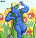  2022 abs absurd_res anthro biceps big_penis blue_body blue_fur bodily_fluids bottomless bugsnax clothed clothing cum cum_drip cum_on_penis digital_media_(artwork) dripping erection flower fur genital_fluids genitals glans green_nose grumpus hat headgear headwear hi_res humanoid_genitalia humanoid_penis male muscular muscular_anthro muscular_male ofstrial open_clothing open_shirt open_topwear penis pinup plant pose pubes shirt shovel smile solo teeth tools topwear vein veiny_penis wambus_troubleham young_horses 