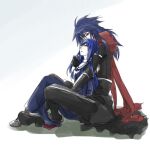  1boy 1girl assassin_cross_(ragnarok_online) black_cape black_pants black_shirt blue_dress blue_hair cape closed_eyes commentary_request couple cross cross_necklace dress eremes_guile full_body hetero jewelry long_hair looking_at_another necklace open_mouth pants priest_(ragnarok_online) ragnarok_online red_eyes red_scarf scarf shirt simple_background sitting sitting_on_lap sitting_on_person toriria torn_cape torn_clothes waist_cape white_background 