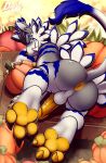 anthro anus balls bandai_namco blue_highlights blue_stripes butt digimon digimon_(species) dustythebat erection food fruit fur garurumon genitals grey_body grey_fur grey_hair hair half-closed_eyes hi_res highlights_(coloring) humanoid_genitalia humanoid_penis male narrowed_eyes nude pawpads paws penis perineum plant presenting presenting_anus presenting_balls presenting_hindquarters presenting_penis pumpkin raised_tail smile smirk smug smug_face smug_grin solo striped_body striped_fur stripes tail tail_tuft tuft vein veiny_penis yellow_pawpads