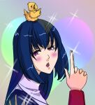  1girl animal animal_on_head baby_animal bird bird_on_head blue_dress blue_hair blush chick commentary_request dress finger_gun grey_background long_hair looking_at_viewer looking_to_the_side on_head open_mouth portrait priest_(ragnarok_online) purple_eyes ragnarok_online rainbow_background solo sparkle toriria upper_body 