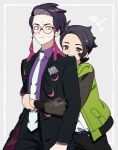 2boys black_hair black_pants closed_mouth collared_shirt corbeau_(pokemon) eyewear_strap glasses green_jacket grey_background highres hug hug_from_behind jacket long_sleeves looking_at_viewer male_focus multiple_boys necktie pants paxton_(pokemon) pokemon pokemon_legends:_z-a purple_shirt round_eyewear shirt short_hair silong414 white_necktie white_shirt yaoi yellow_eyes 