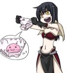  1girl :d bikini bikini_top_only black_gloves black_hair brown_capelet capelet commentary_request cowboy_shot flat_chest gloves holding holding_panties holding_underwear holding_unworn_clothes long_hair mage_(ragnarok_online) midriff navel open_mouth panties pelvic_curtain pink_panties poring ragnarok_online red_bikini red_skirt showgirl_skirt simple_background skirt smile solo swimsuit toriria underwear white_background yellow_eyes 