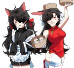  absurdres ahoge animal_ears apron arm_up black_track_suit blush bow cat_ears china_dress chinese_clothes dress eyepatch fkqlckstm11 food genderswap genderswap_(mtf) hair_bow hair_over_one_eye hand_up heart highres holding_bamboo_steamer jersey_maid kemonomimi_mode korean_commentary leg_up long_hair longevity_peach_bun low_twintails maid maid_apron no_pants one_eye_closed ooe_(game) oosaki_(ooe) rabbit_ears red_bow red_eyes shinbashi_(ooe) short_dress sleeves_past_fingers sleeves_past_wrists steamed_bun sweatdrop thighhighs tight_clothes tight_dress track_suit twintails unconventional_maid wavy_hair white_bow zipper 
