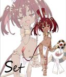  1girl animal_ear_fluff animal_ears barefoot character_name dark-skinned_female dark_skin fang flat_chest holding holding_staff nassukun navel original rabbit_ears red_eyes red_hair set_(mythology) short_eyebrows smile smug staff tail thick_eyebrows twintails watermark white_background zoom_layer 