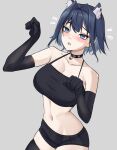  1girl alternate_costume animal_ears bell black_choker black_gloves black_shorts black_thighhighs blue_eyes blue_hair breasts cat_ears cat_girl choker crop_top elbow_gloves flying_sweatdrops gloves highres hololive hololive_english large_breasts looking_at_viewer medium_hair navel neck_bell nurizza_ilst ouro_kronii short_shorts shorts solo thighhighs virtual_youtuber 