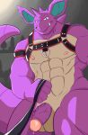 2021 abs anthro areola balls blue_eyes bodily_fluids digital_drawing_(artwork) digital_media_(artwork) english_description first_person_view foreskin generation_1_pokemon genital_fluids genitals glans harness hi_res humanoid_genitalia humanoid_penis humanoid_penis_with_barbs leash leash_pull leashed_pov looking_at_viewer male muscular muscular_arms muscular_male muscular_thighs nidoking nintendo nipples nordicecream penis pink_areola pink_nipples pokemon pokemon_(species) precum purple_body size_difference tan_body