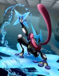  fivizzaniluke frog full_body greninja highres long_tongue mega_greninja mega_pokemon ninja pink_eyes pokemon pokemon_(creature) pokemon_focus red_eyes shuriken solo standing_on_weapon tongue tongue_scarf very_long_tongue water water_shuriken_(pokemon) weapon webbed_feet 