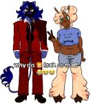 anthro belly_hair blonde_hair blue_body blue_fur body_hair bovid brown_body business_attire business_suit callan_dion caprine casual_clothing clothing cloven_hooves colored daisy_(flower) daisy_belle dramatic_lighting duo emoji felid female flower footwear full-length_portrait fur gesture green_eyes hair hand_gesture hooves i&#039;m_with_stupid iambdacore lion male mammal meme missysissy obscured_face pantherine plant portrait red_clothing red_suit sheep shoes simple_background smile suit v_sign valleyos white_background why_dis_look_so_mad_(meme) yellow_eyes