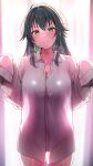  1girl backlighting blush borrowed_clothes breasts button_gap cleavage cow dress_shirt gakuen_idolmaster green_eyes green_hair hair_flaps highres idolmaster large_breasts long_hair looking_at_viewer naked_shirt open_collar see-through_silhouette shiitake_taishi shirt sleeves_past_fingers sleeves_past_wrists smile solo sweat tsukimura_temari very_long_hair white_shirt 