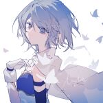  1girl aegyo_sal armlet bare_shoulders blue_eyes blue_hair blue_shirt blue_sleeves bug butterfly cape closed_mouth collared_cape detached_sleeves expressionless eyelashes eyes_visible_through_hair floating_cape fortissimo frilled_shirt frills gloves hair_between_eyes hair_ornament hairclip hand_on_own_chest highres jewelry layla_836829767 light_frown long_sleeves magical_girl mahou_shoujo_madoka_magica mahou_shoujo_madoka_magica_(anime) miki_sayaka musical_note musical_note_hair_ornament shirt short_hair signature simple_background solo strapless strapless_shirt two-tone_shirt upper_body white_background white_cape white_gloves white_shirt 