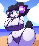  2022 animal_crossing anthro big_breasts bovid breasts caprine clothed clothing digital_media_(artwork) eyelashes female gravtitty hair hand_behind_back hi_res horn huge_breasts mammal muffy_(animal_crossing) navel nintendo outside sheep smile solo video_games wide_hips 