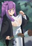  1girl absurdres black_coat blurry blurry_background breasts coat commentary dress fern_(sousou_no_frieren) gjh highres holding holding_staff long_hair long_sleeves looking_down mage_staff open_clothes open_coat purple_eyes purple_hair see-through_clothes see-through_shirt shirt solo sousou_no_frieren staff sweaty_clothes wet wet_clothes wet_shirt white_dress 