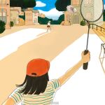  2girls arm_up badminton baseball_cap black_hair black_shorts building chinese_commentary cloud commentary_request day hat holding_badminton_racket jiemoxia medium_hair multiple_girls original outdoors playing_sports railing red_hat scenery shadow shirt shoes short_sleeves shorts shuttlecock sky stairs standing t-shirt tree white_hat white_shirt white_shoes 