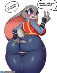  2022 4_fingers anthro blush breasts butt clothed clothing disney english_text female fingers fur genitals grey_body grey_fur hi_res judy_hopps kyodashiro lagomorph leporid mammal open_mouth open_smile purple_eyes pussy rabbit simple_background smile solo text topwear torn_clothing vest wardrobe_malfunction white_background zootopia 