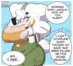 absurd_res anthro artist_name belt beverage big_breasts big_hair black_horn blue_eyes blue_sclera bodily_fluids bottomwear bovid breasts brown_belt caprine cleavage cleavage_overflow clothed clothing coffee coffee_mug container countershading cup dialogue english_text eyelashes female fingerless_gloves fluffy fluffy_hair fur glistening glistening_eyes gloves green_bottomwear green_clothing green_pants hair half-closed_eyes handwear hi_res holding_coffee_mug holding_container holding_cup holding_mug holding_object horn idw_publishing lanolin_the_sheep_(sonic) mammal mocha-draws motion_lines mug narrowed_eyes nipple_outline open_mouth pants pink_tongue sega sheep shirt solo sonic_the_hedgehog_(comics) sonic_the_hedgehog_(idw) sonic_the_hedgehog_(series) speech_bubble sweat sweaty_breasts tail tan_body tan_countershading tan_skin tank_top teeth teeth_showing text thick_thighs tongue topwear watermark white_body white_ears white_fur white_tail white_wool wide_hips wool_(fur)