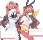  2girls animal_ears apron bare_shoulders black_dress black_ribbon black_sleeves blush breasts choker closed_mouth collarbone detached_sleeves dress easter easter_egg egg fake_animal_ears fire_emblem fire_emblem_awakening fire_emblem_heroes gloves hair_between_eyes highres holding holding_egg leotard long_hair long_sleeves looking_at_viewer maid maid_apron maid_headdress medium_breasts multiple_girls neck_ribbon official_alternate_costume orange_leotard pantyhose playboy_bunny pointy_chin rabbit_ears red_eyes red_hair red_pantyhose ribbon sayaka_(fe_uma274) severa_(fire_emblem) severa_(spring)_(fire_emblem) simple_background strapless strapless_leotard twintails white_apron white_headdress 