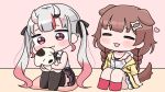  2girls :3 :d animal animal_ears animal_hug bare_arms bare_shoulders black_bow black_necktie black_skirt black_thighhighs blush_stickers bone_hair_ornament bow braid brown_hair cartoon_bone chibi closed_eyes closed_mouth collared_shirt cushion dog dog_ears gradient_hair grey_hair hair_bow hair_ornament heart hololive horns indoors inugami_korone inugami_korone_(1st_costume) long_hair low_twintails mochimiko multicolored_hair multiple_girls nakiri_ayame nakiri_ayame_(streetwear) necktie no_shoes oni pleated_skirt red_eyes red_hair red_socks shirt skirt sleeveless sleeveless_shirt smile socks streaked_hair thighhighs twin_braids twintails very_long_hair virtual_youtuber white_shirt x_hair_ornament zabuton 