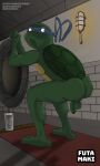 anthro balls bandana_on_head crouching fitness flaccid futamaki genitals green_body green_skin hi_res leonardo_(tmnt) male penis reptile saggy_balls scalie sewer solo_focus surprised_face teenage_mutant_ninja_turtles teenage_mutant_ninja_turtles_(1987) turtle