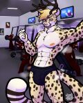 absurd_res after_exercise anthro antlers being_watched bodily_fluids bulge cheetah clothed clothing digital_media_(artwork) electronics felid feline finger_heart fur genitals gym hair hi_res horn looking_at_another looking_at_viewer male mammal markings matteo_(per0xide) muscular muscular_anthro muscular_male musk musk_cloud nipples open_mouth public solo solo_focus spots spotted_body spotted_fur sweat sweaty_body sweaty_legs sweaty_thighs tael tail television underwear underwear_only