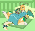 3_fingers 3_toes accessory ambiguous_gender antennae_(anatomy) anthro baby_bottle beverage blue_collar blue_onesie blue_wings blush blush_lines borealis_(whiteknightdragonite) bubblepuppers button_(fastener) claws clean_diaper clothed clothing coffee collar crib diaper diaper_under_clothing diaper_under_onesie dragonite drinking drinking_coffee feet finger_claws fingers furgonomics generation_1_pokemon green_markings head_horn hi_res horn lying markings nintendo object_in_mouth on_back on_pillow onesie orange_body orange_tail orange_wings pillow pokemon pokemon_(species) simple_background solo tail tail_accessory tailband toe_claws toes two_tone_wings wearing_diaper white_markings wings wristband yellow_antennae