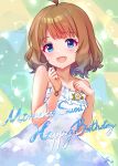  1girl birthday blue_eyes bracelet brown_hair character_name dress dress_flower flower hands_up happy_birthday highres idolmaster idolmaster_million_live! jewelry koaya looking_at_viewer open_mouth short_hair smile solo sparkle strapless strapless_dress suou_momoko upper_body white_dress white_flower 