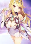  1girl :&lt; bangs bare_shoulders breasts chest_jewel cleavage cleavage_cutout clothing_cutout dress elbow_gloves gloves hair_ornament highres large_breasts long_hair looking_at_viewer mythra_(xenoblade) rindoriko short_dress solo swept_bangs thigh_strap white_dress white_gloves xenoblade_chronicles_(series) xenoblade_chronicles_2 yellow_eyes 