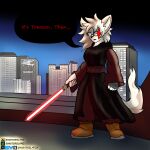 anthro brown_body brown_fur brown_hair clothed clothed_anthro clothed_female clothing domestic_cat english_description english_text eyewear felid feline felis female fur glasses hair hi_res holding_object holding_weapon mammal multicolored_body multicolored_fur red_lightsaber revenge_of_the_sith shaded sinisterslyfox soft_shading solo star_wars text weapon white_body white_fur