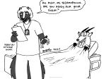 2024 antelope anthro bed bovid cassandra_(tegerio) cassandra_thermopoulos clipboard dialogue duo english_text female fluffy fluffy_tail fur furniture greyscale grin hair horn male mammal medical_bed medical_gloves mephitid monochrome sebastian_(sergeskunk) skunk smile tail tegerio text whiskers
