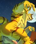  1boy abs absurdres animal_ears ass bara claws erection fangs fengcanyuezui full_moon furry furry_male hashtag-only_commentary highres looking_at_viewer male_focus moon morenatsu muscular muscular_male night night_sky open_mouth pectorals penis sky smile star_(sky) tail testicles tiger_boy tiger_ears tiger_stripes tiger_tail torahiko_oshima 