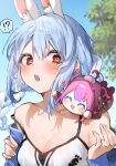 !? 2girls :3 :d :o animal_ear_fluff animal_ears artist_request blue_hair blue_sky blurry blurry_background blush breasts cleavage commentary_request day heart highres hololive kikirara_vivi medium_breasts mini_person minigirl multicolored_hair multiple_girls outdoors pink_hair rabbit_ears rabbit_girl red_eyes short_eyebrows sky smile spoken_interrobang two-tone_hair upper_body usada_pekora virtual_youtuber white_hair 