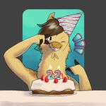 3_fingers alpaca ambiguous_gender anthro brown_hair cake camelid candle cheek_tuft clothing dessert emanata eyebrows eyes_closed facial_tuft fingers food fruit fur gesture hair hand_gesture hat headgear headwear hi_res horizontal_pupils llama looking_at_viewer mammal multicolored_body multicolored_fur neck_tuft one_eye_closed party_hat plant pointing pupils raised_arm raised_eyebrow simple_background smile snout solo spots strawberry teeth teeth_showing tuft v_sign wink winking_at_viewer wolli_(wolli_mazangui) wolli_mazangui yellow_body yellow_fur