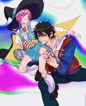  2boys absurdres amemura_ramuda black_hair blue_eyes crossdressing dress hat heart_on_cheek heterochromia highres hypnosis_mic jewelry long_sleeves mole mole_under_eye multiple_boys multiple_rings nail_polish official_alternate_costume pink_hair reichio ring short_hair sidelocks witch_hat yamada_ichirou_(hypnosis_mic) 